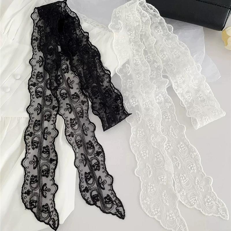 Y2K Women Narrow Long Scarf Solid Color Silk Black Bag Ribbon Headbands Choker Floral Lace Scarf