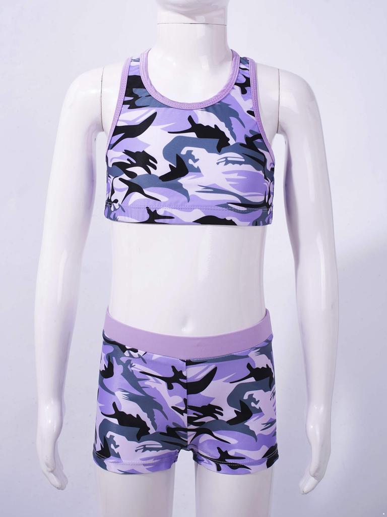 Crew Neck Patterns Printed Sleeveless Y-Shaped Back Tank Vest with Elastic Waistband Boyshorts Athletic Sets