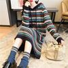 Long Retro Striped Sweater Dress Female Loose Long-sleeved Hooded Pullover Sweater