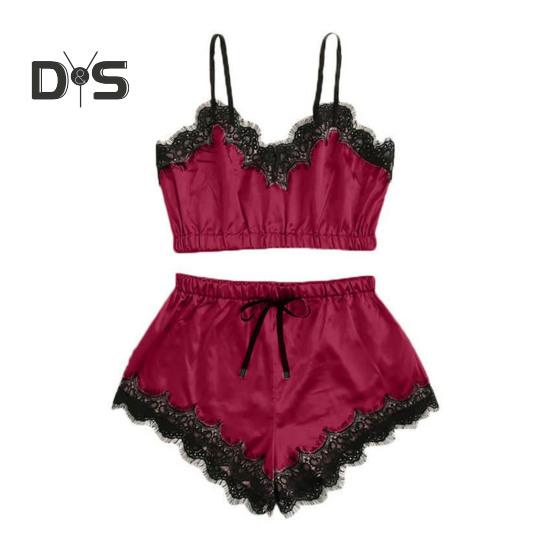 Женский пижамный комплект из 2 предметов, кружевная отделка, V-образный вырез, укороченный топ на бретельках, эластичный пояс, шорты, повседневный комплект без рукавов, домашний комплект