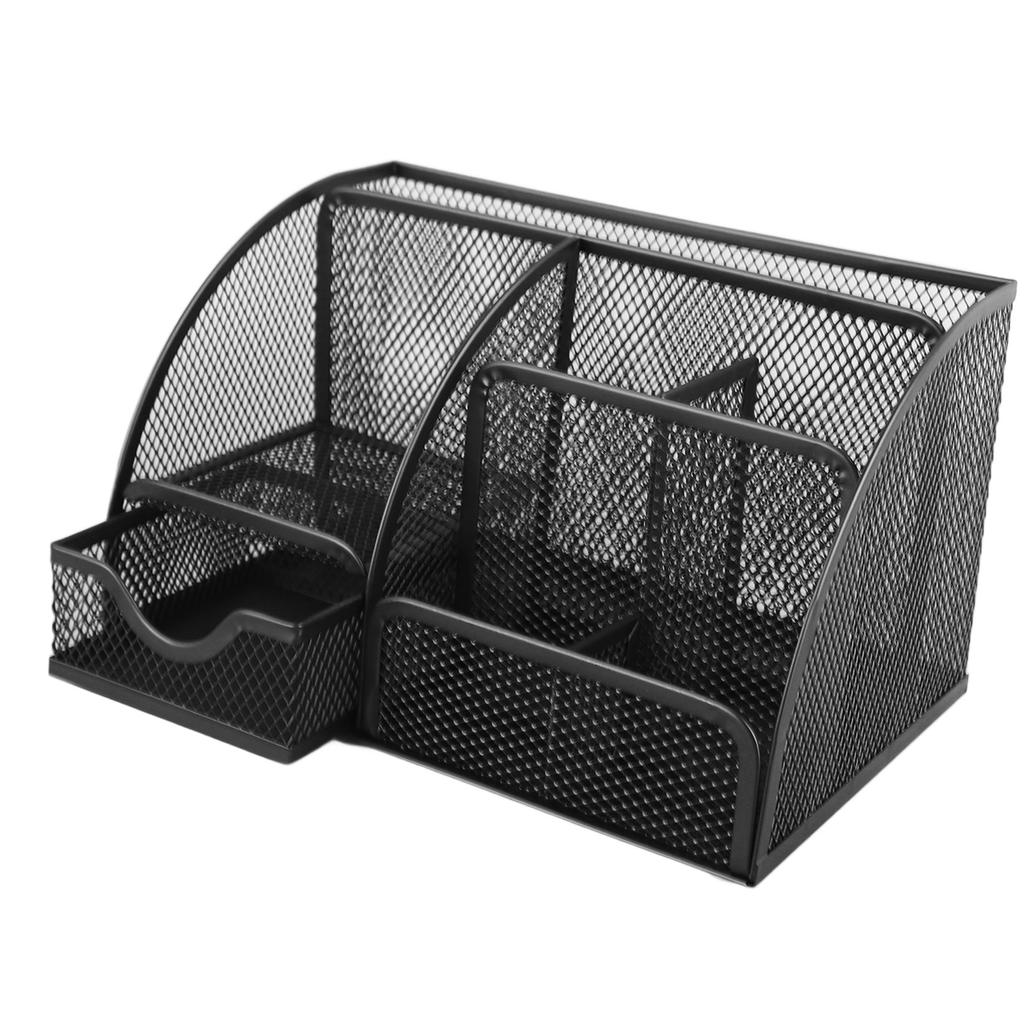Сетчатый офисный настольный органайзер, многофункциональный, металлический, с 7 отделениями, держатель для ручек с ящиком, черный