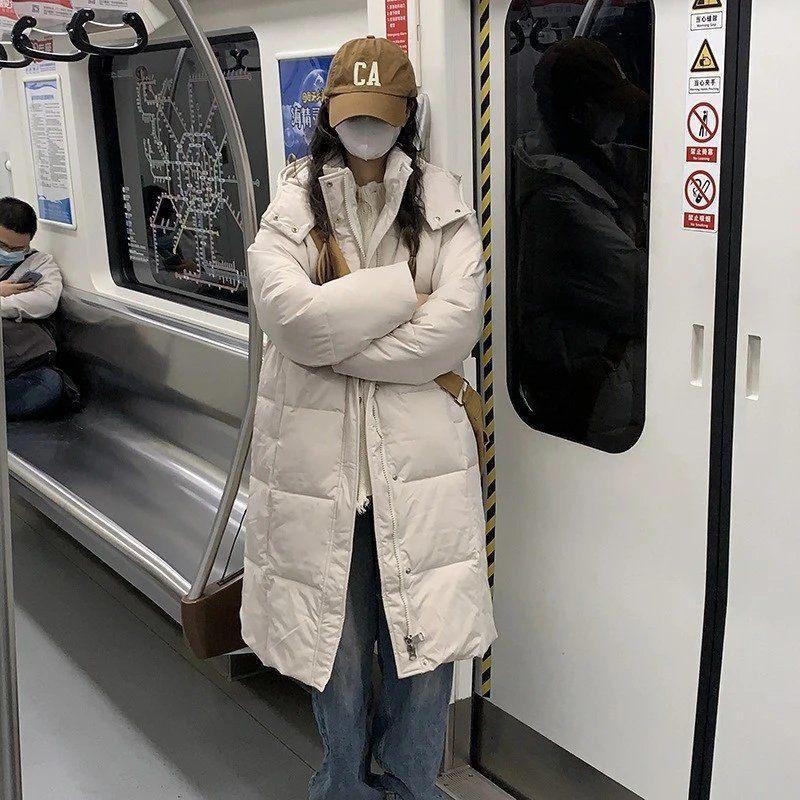 Хлопковая куртка средней длины для женщин на зиму в корейском стиле, свободная, повседневная, с капюшоном, утолщенная, теплая, длиной ниже колена.