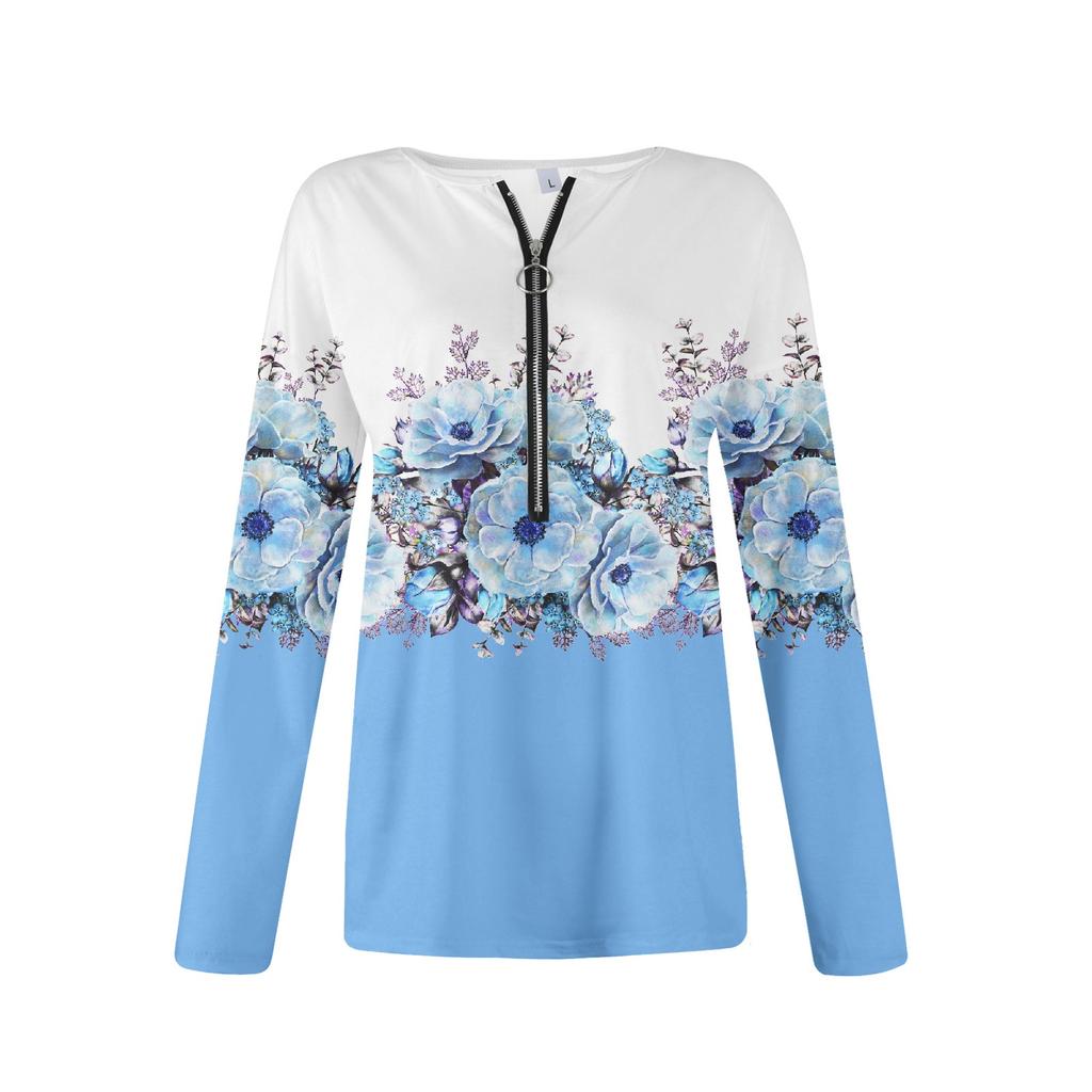 Women Sweatshirt Pullover Basic Quarter Zipper Long Sleeve Print Flowers Hoodie Casual Top