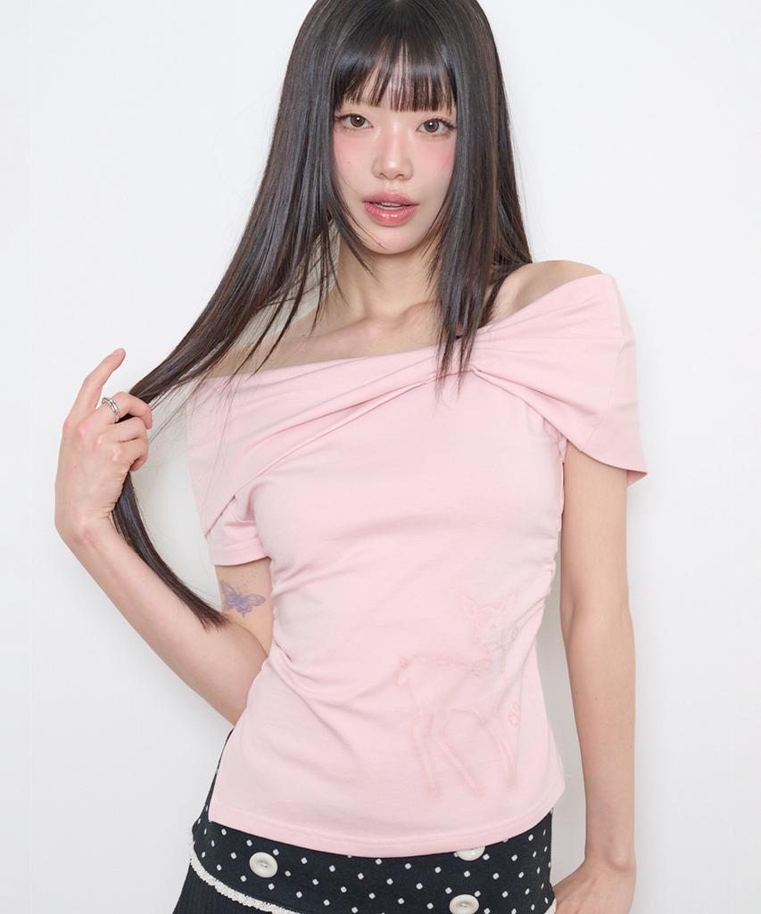 ILLIGO Saeso Dear Bow Off-Shoulder Tee Pink