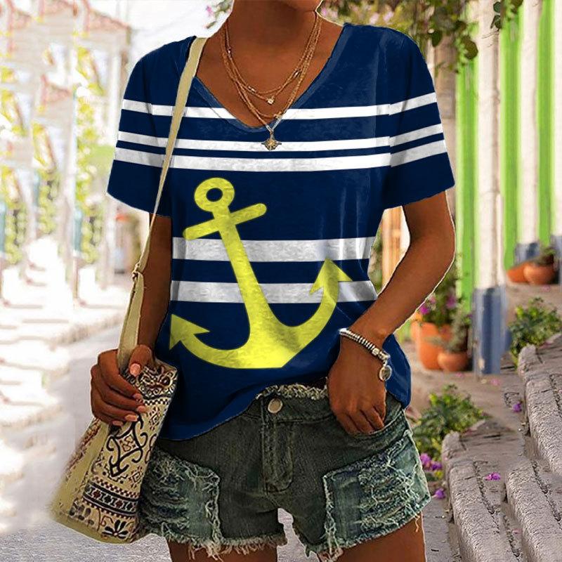 Женские футболки с принтом лодки и якоря, топ, короткий пуловер с рукавами, модная повседневная футболка большого размера с круглым вырезом, женская одежда