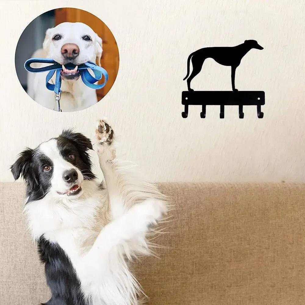 Вешалка для ключей Greyhound и поводка для собак - настенное искусство из металла шириной 9/6 дюймов с настенными крючками Iron Crafts