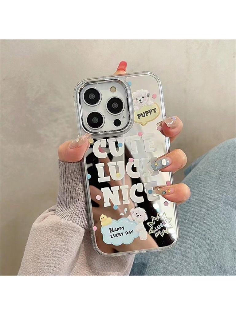 Cute Puppy Mirror Phone Case with Puppy Stand for IPhone 15 14 13 12 11 Anti-fall Girl Phone Case