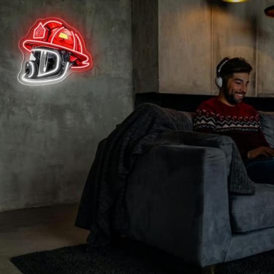 Firefighter Helmet Neon Light Sign USB Powered Dimmable LED Acrylic Helmet Lamp with On/Off Switch Firefighter Hero Wall Decoration