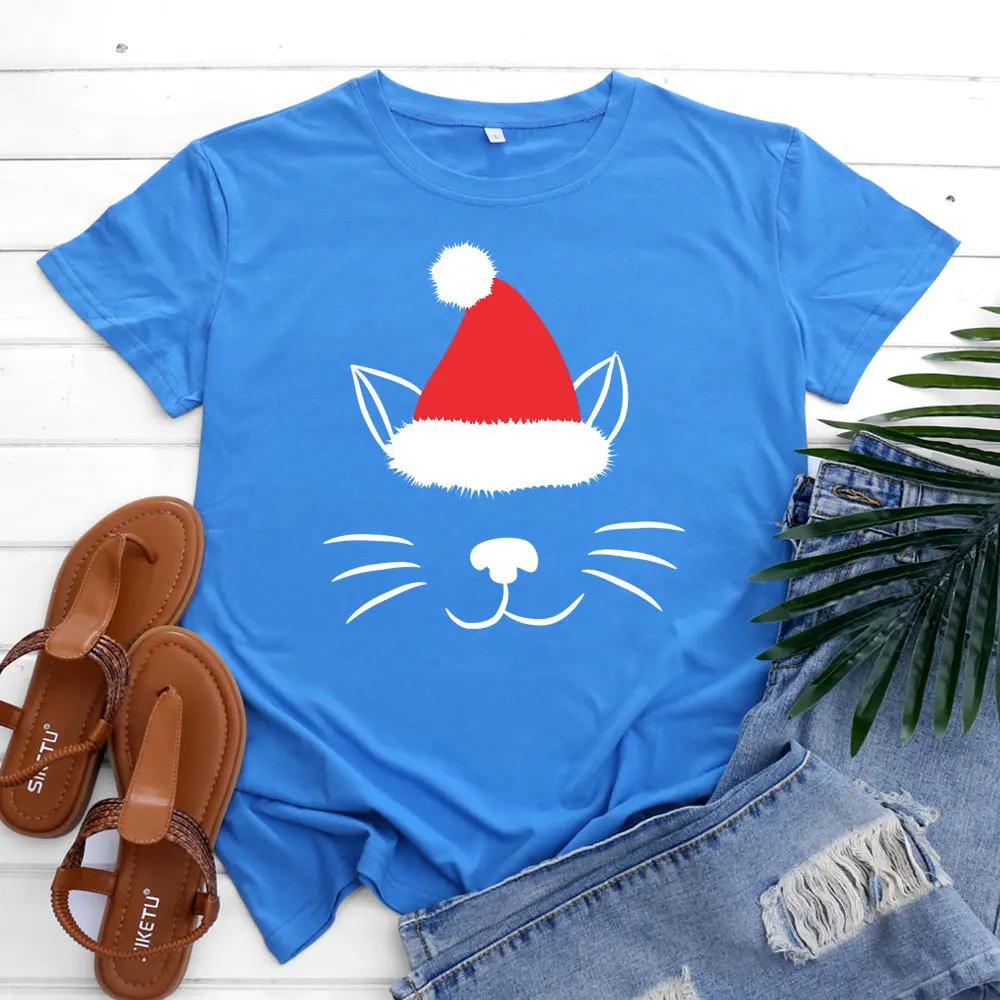 Christmas Hat Cat Face Print T Shirt Women Short Sleeve O Neck Loose Tshirt Women Tee Shirt Tops Camisetas Mujer