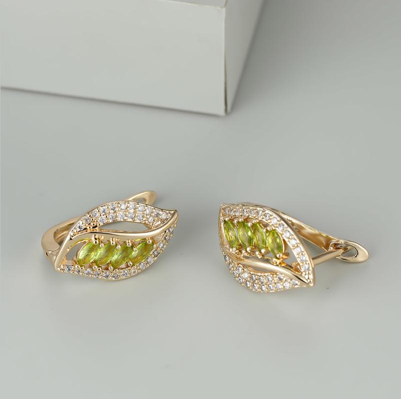 1 пара роскошных серег-клипс на крючках цвета желтого золота огранки «маркиз» оливково-зеленого цвета с камнем, висячие серьги в стиле полых листьев, свадебные серьги