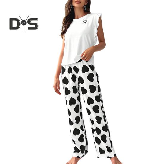 Женский атласный пижамный комплект, топ с оборками и широкие брюки, повседневный комплект из 2 предметов домашней одежды для отдыха