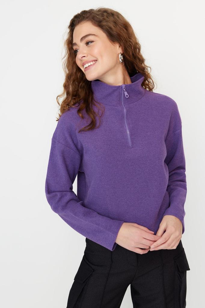 Women's Fashionable Stylish Sweatshirt Black Thessaloniki Knitwear Look Zipper Collar Regular Normal Fit Knitted Sweatshirt