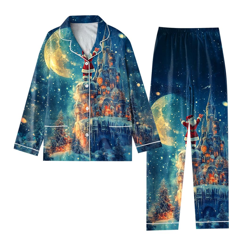 Детский рождественский костюм из 2 предметов с принтом, топ с длинными рукавами и застежкой на пуговицы, широкие брюки, комплект пижамы, домашний повседневный костюм