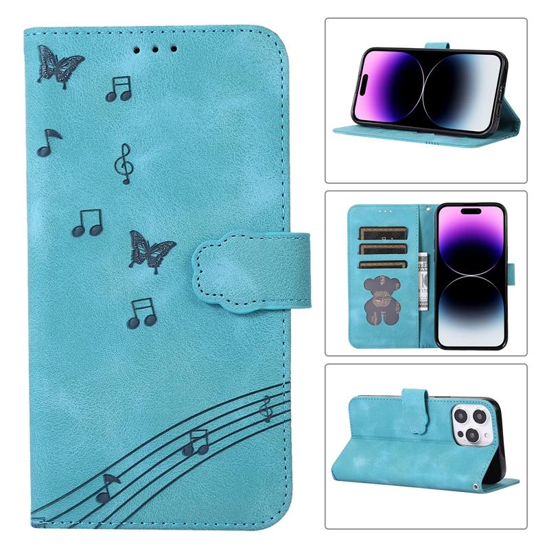Embossing Butterfly Skin Feel Leather Wallet Case with Cartoon Bear Photo Frame for iPhone Samsung Xiaomi Huawei OPPO Stand Holder Magnetic Flip Cover