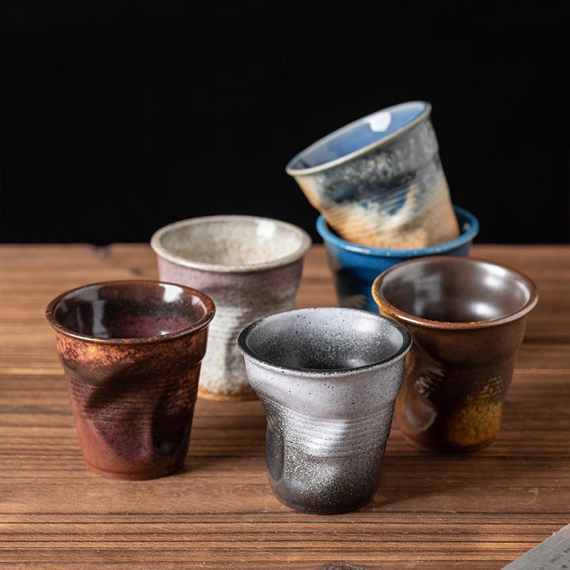 Creative Hand-Squeezed Ceramic Cup Retro Pleated Cup Coarse Pottery Imitation Paper Cup Irregular Coffee Cup Niche Mug