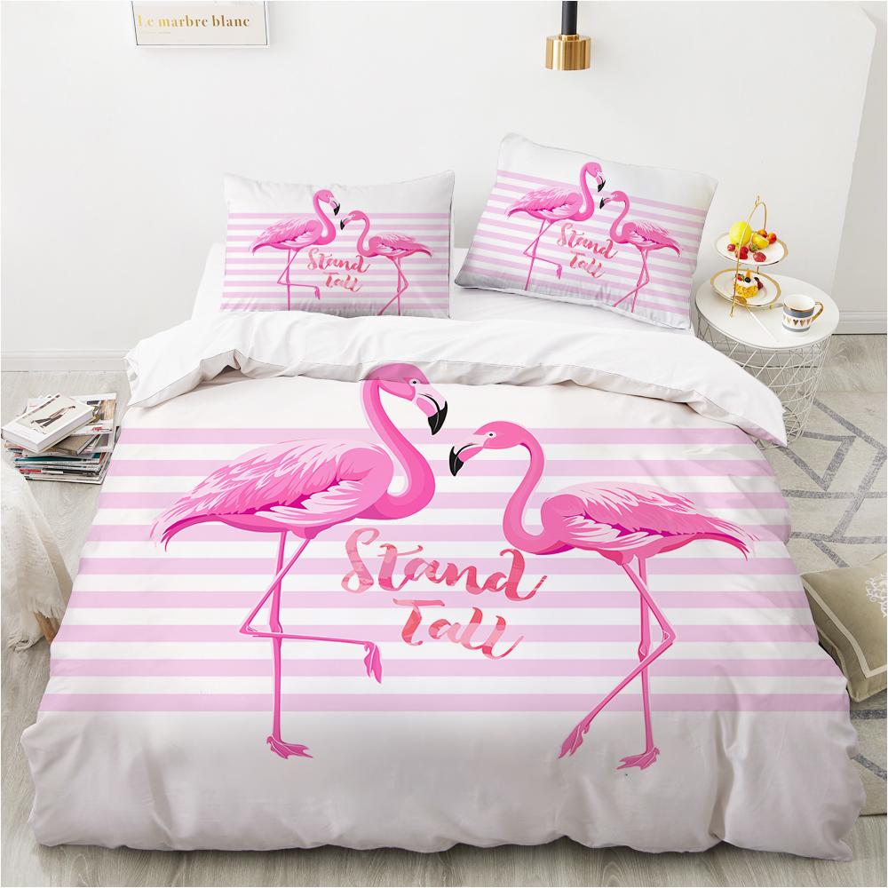 Animal Flamingo King Queen Duvet Cover Cartoon Pink Tropical Bird Bedding Set For Kids Teens Aduls Blue Soft 2/3pcs Quilt Cover