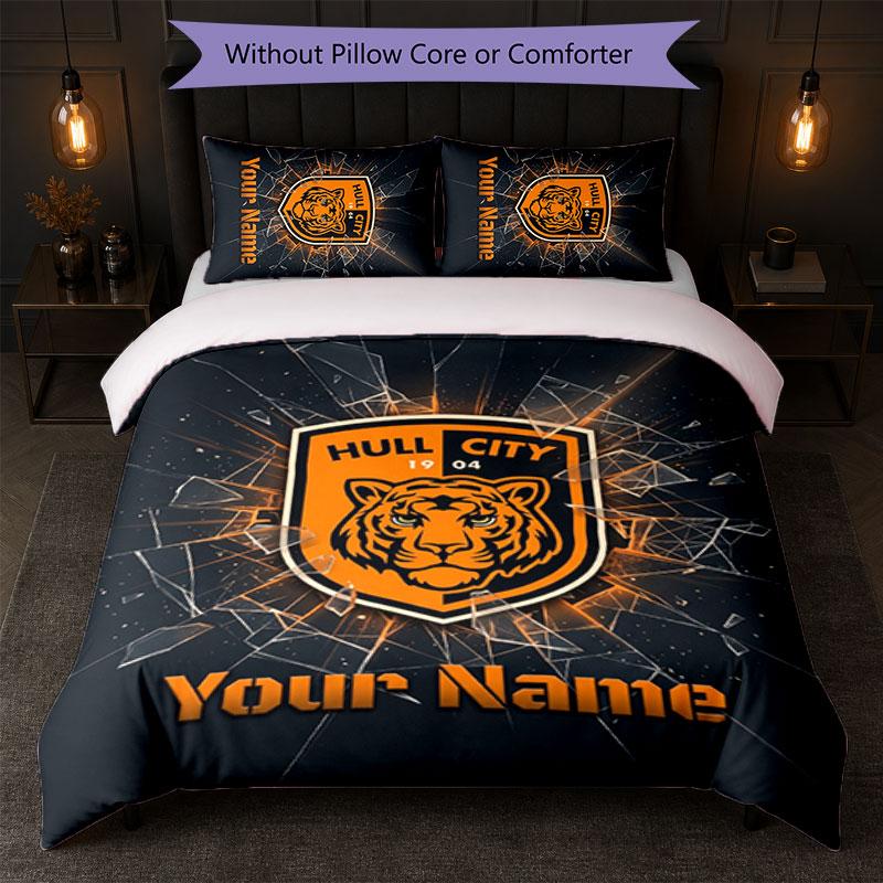 Постельное белье Hull City с индивидуальным текстом и именем 1 пододеяльник + 2 наволочки Логотип футбольной команды Персонализированный подарок для особого случая Декор спальни