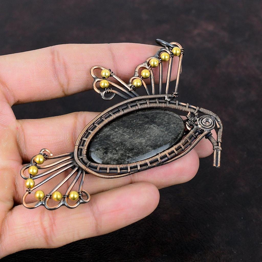 Серебряный блеск обсидиановый кулон Медная проволока Кулон ручной работы Подвеска из настоящего драгоценного камня Птица Кулон Медная проволока Ювелирный подарок для него