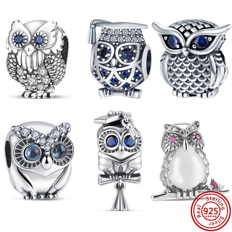 Original Design 925 Sterling Silver Owl Style Pavé Shiny Beads Fit Charms Bracelet Necklace Fashion Jewelry Making