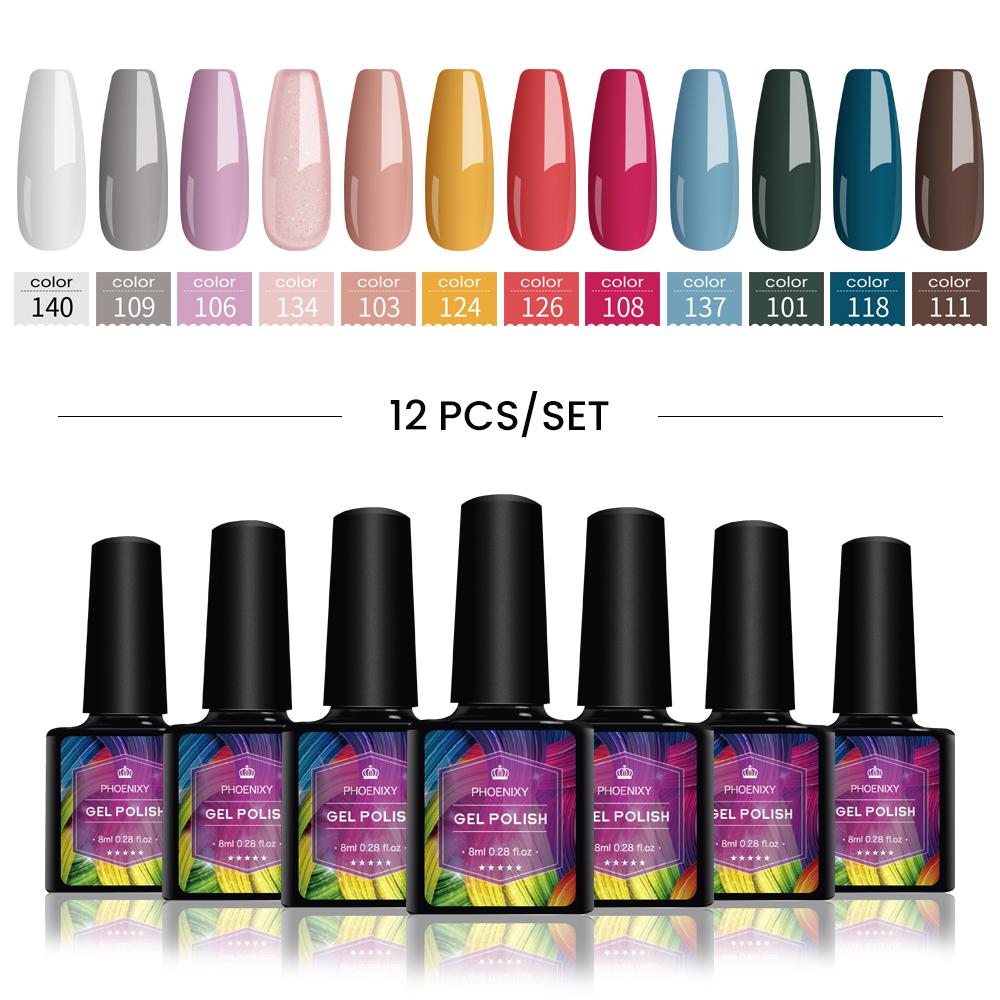 PHOENIXY Набор гель-лаков для ногтей, 12 цветов, набор геля для замачивания с чистым цветом для дизайна ногтей, стартовый набор для начинающих, сделай сам, дома