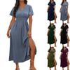 Women's Summer Fashion Sexy Comfortable Wrap Waist Maxi Dress V Neck Side Slit Casual Dress A-Line Long Short Sleeve Solid Color Dress