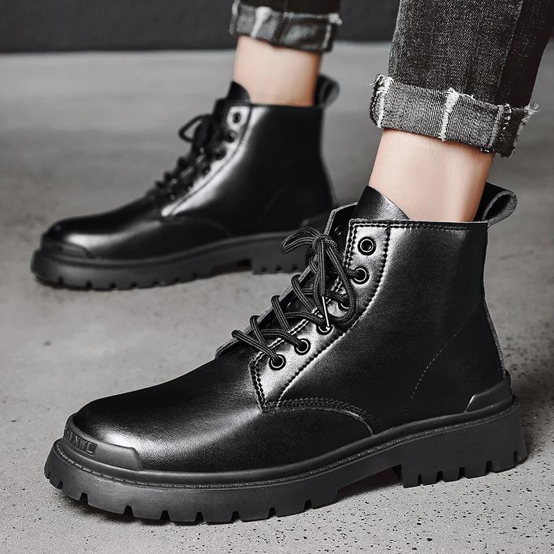 Fashion Lace-Up Men Winter Plush Snow Boots 2024 New All-match Male Boots Outdoor Men's Low Top Basic Shoes Leather Motorcycle Boots