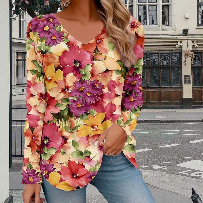Женские футболки с принтом полевых цветов, женские топы, длинные рукава, V-образный вырез, пуловер, женские футболки, футболка для женщин