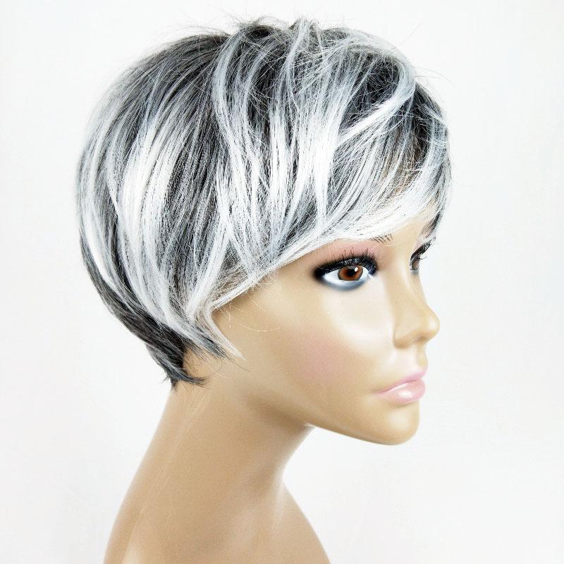 Парики для женщин Синтетический короткий вьющийся парик с челкой Черные, серебристо-серые парики для повседневного использования Высокотемпературное волокно Термостойкие волосы