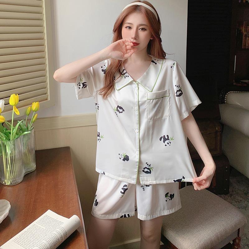 Летняя новинка, женская милая атласная шелковая пижама с цветочным принтом, короткий рукав + брюки, женская шелковая милая домашняя одежда, повседневная одежда