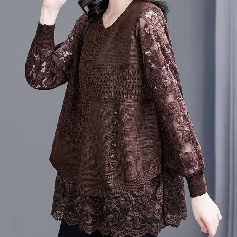 Knit Sweater Women's Fall Comfortable Loose False Two-piece Tops Pullover Lace Bottoming Shirt Long-sleeved Warm Casual Tops