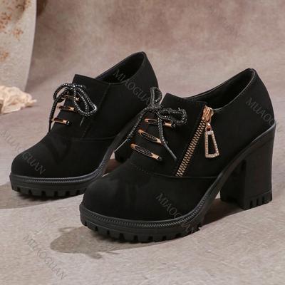 Модные Весенне-Осенние Новые Женские Ботильоны на Толстом Высоком Каблуке на Шнуровке с Круглым Носком, Повседневные Черные Замшевые на Толстой Подошве с Боковой Молнией, Короткие Ботильоны