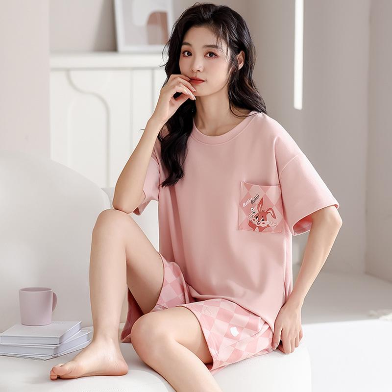 Cartoon sweet pajamas women's summer short-sleeved shorts new imitation cotton casual loose girls loungewear suit