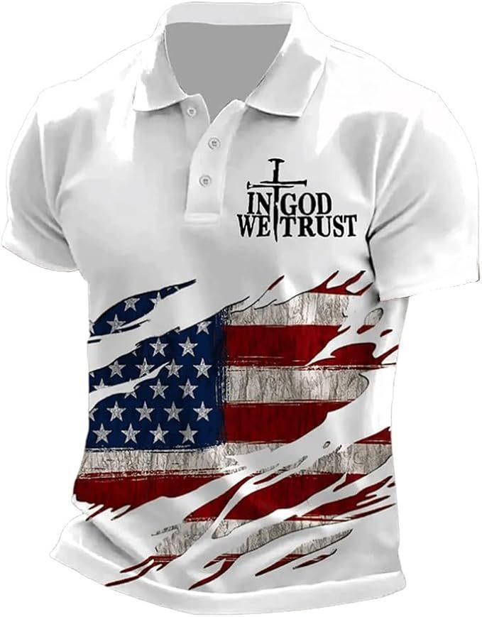 Patriotic 1776 Flag Print Short Sleeve Polo, Stylish Casual Top