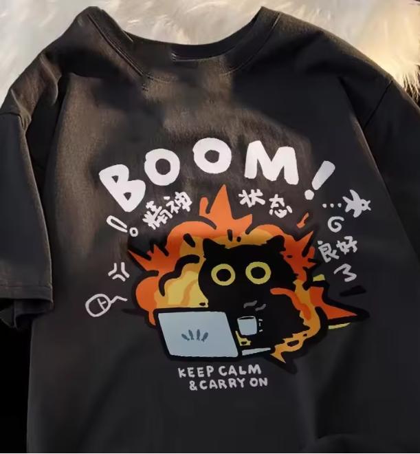 High Quality Kawaii Good Unisextal State Cat Short Sleeved Tshirt Unisex Unisex Tee Clothes Loose Casual Cartoon Oversized Top Y2k
