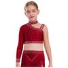 Girls Irregular Shoulder Sparkly Rhinestones Crop Top Dance Performance Stage Costume