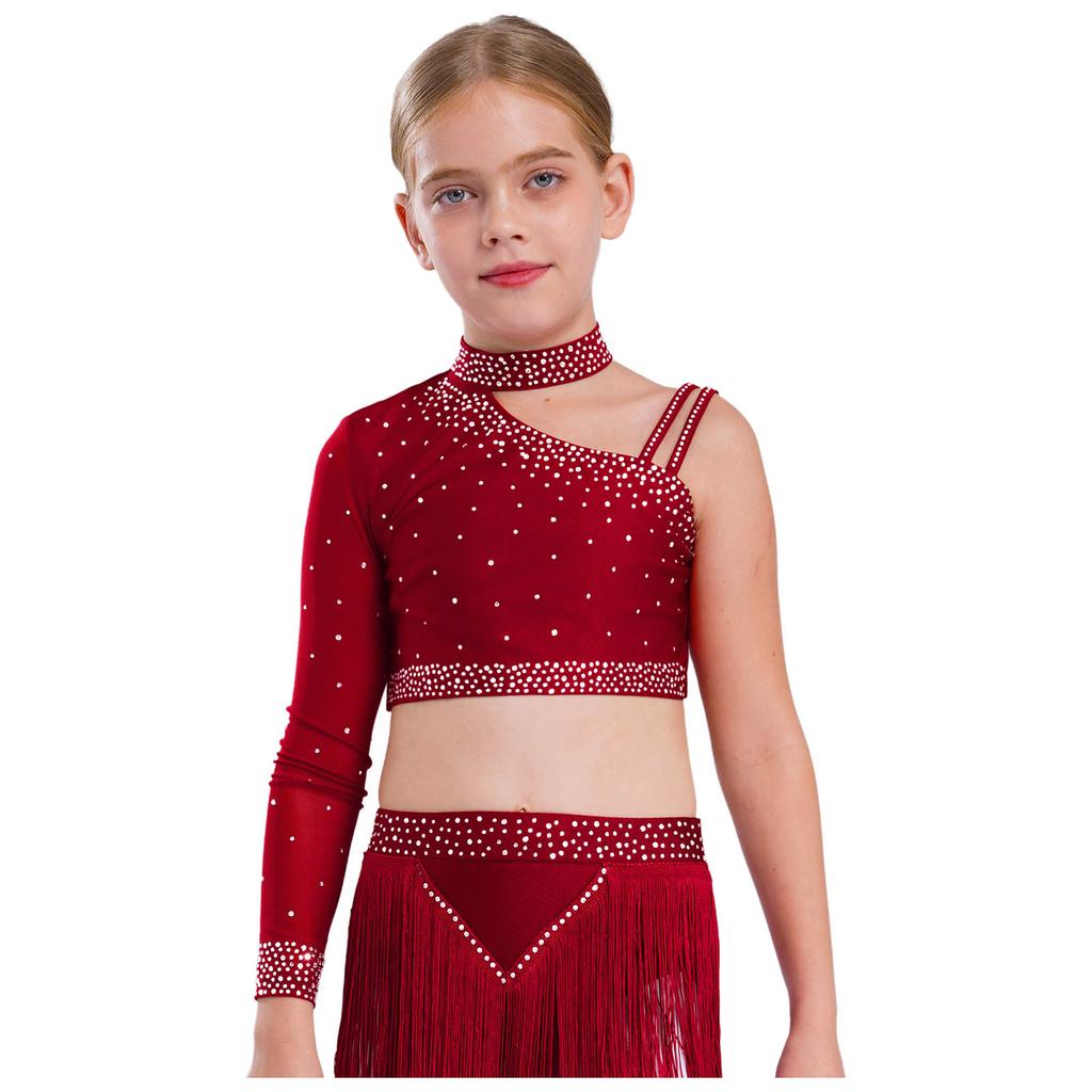 Girls Irregular Shoulder Sparkly Rhinestones Crop Top Dance Performance Stage Costume