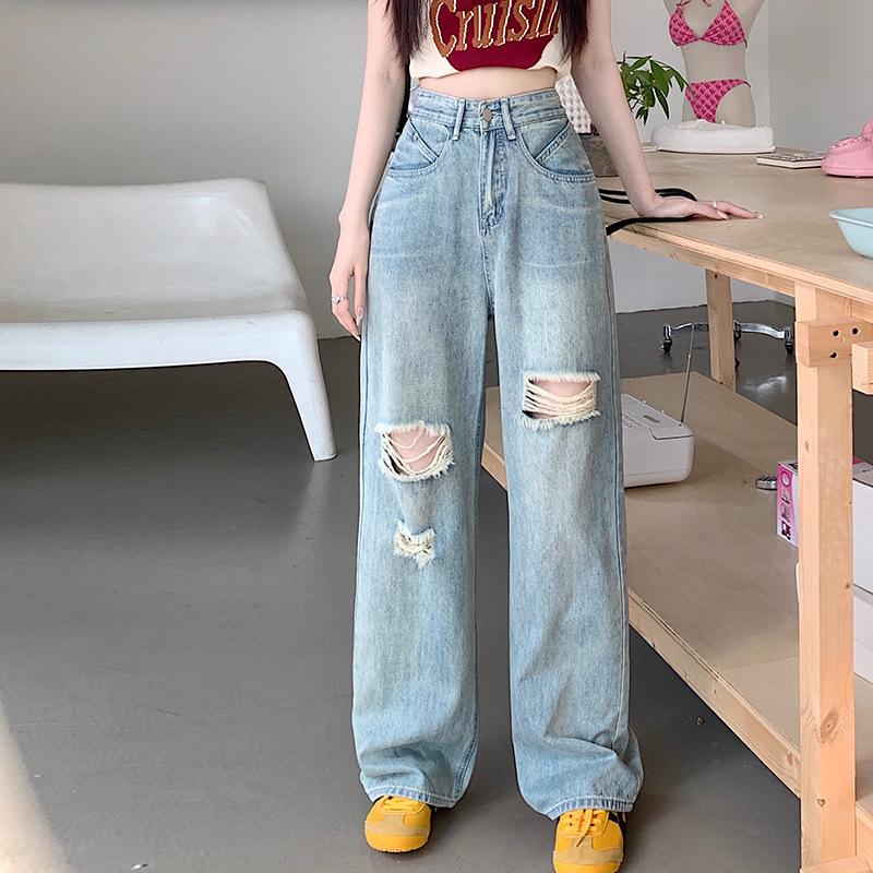 Ripped jeans women's wide-leg pants new loose and thin high-waisted straight tube drape pants