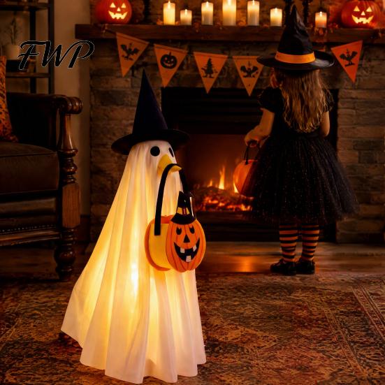 Creative Glow in The Dark Apparel Halloween Glowing Ghost Costume with Witch Hat & Pumpkin Tote Bag, LED Battery Powered Clothes Light Up Fabric