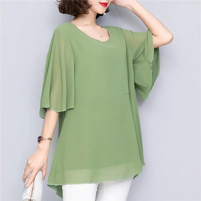 Шифоновая женская футболка больших размеров, летняя кружевная женская рубашка со средним рукавом, офисные женские топы