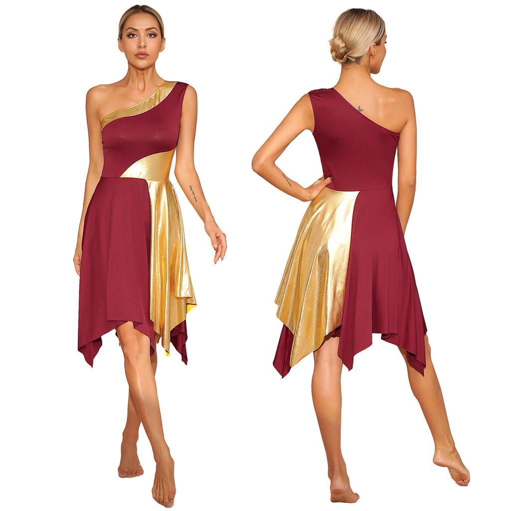 Womens Metallic Worship Praise Dance Dress Color Block One Shoulder Irregular Hem Sleeveless Dresses Dancewear Performance Costume