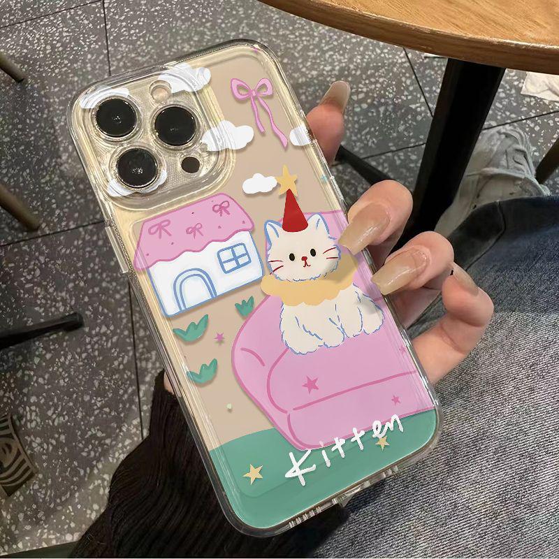Чехол для телефона Star Pink Sofa Cat для Apple 13-16 Pro Max, прозрачный космический дизайн
