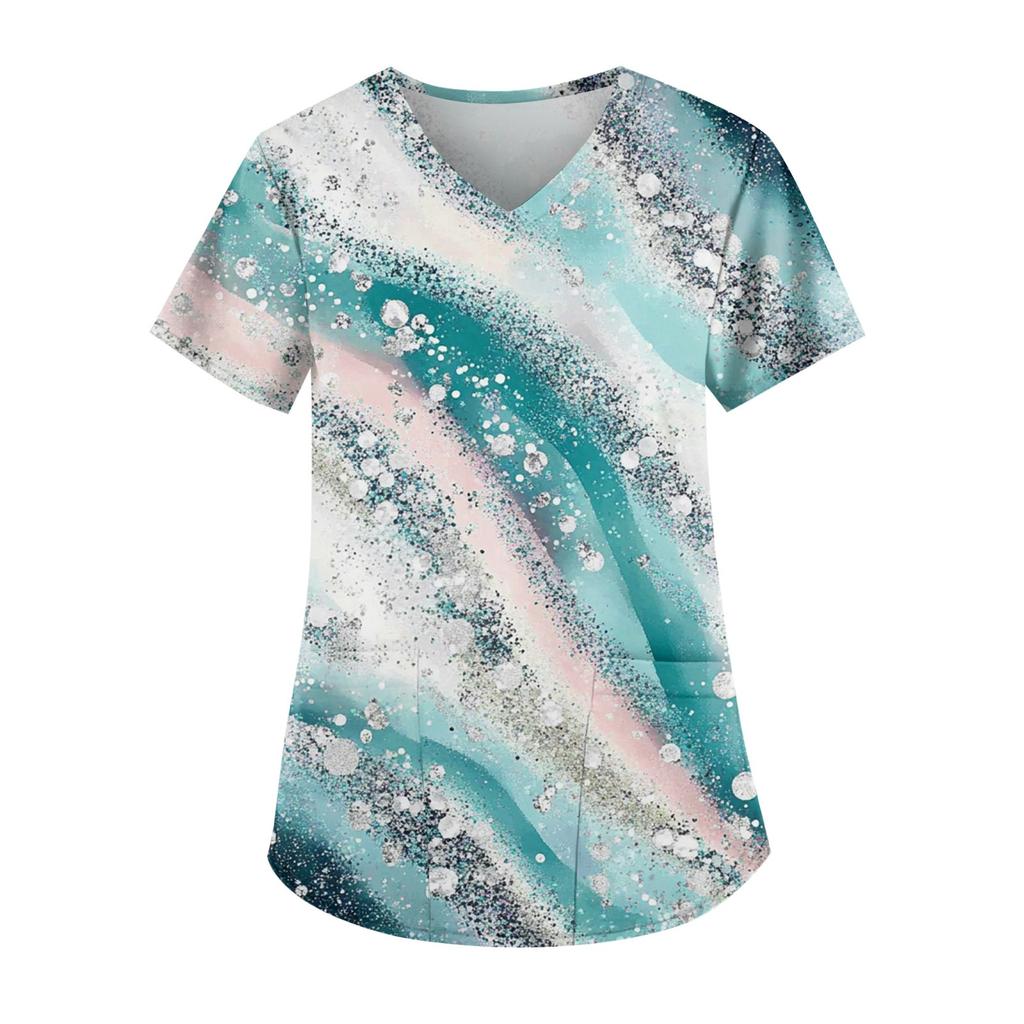 Рабочая форма больших размеров с принтом, топы для женщин, забавные футболки с v-образным вырезом и короткими рукавами, рабочая одежда, футболка с карманами