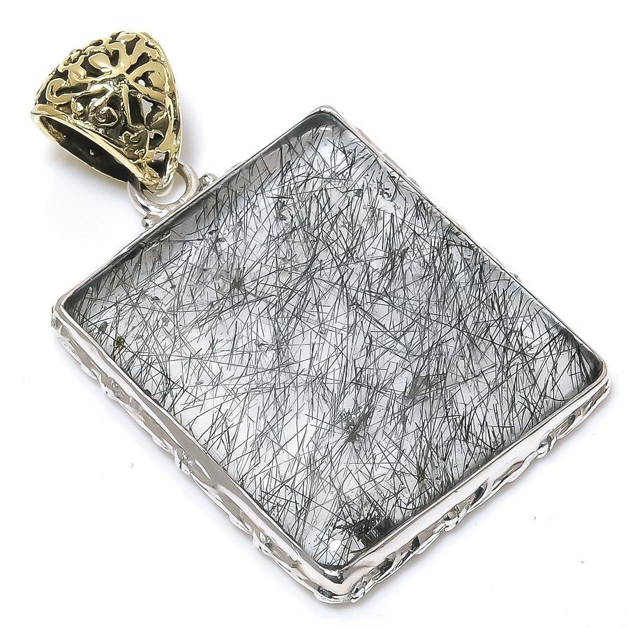 Natural Black Rutile Gemstone 925 Solid Sterling Silver Gift Pendant 2.25" G0T09