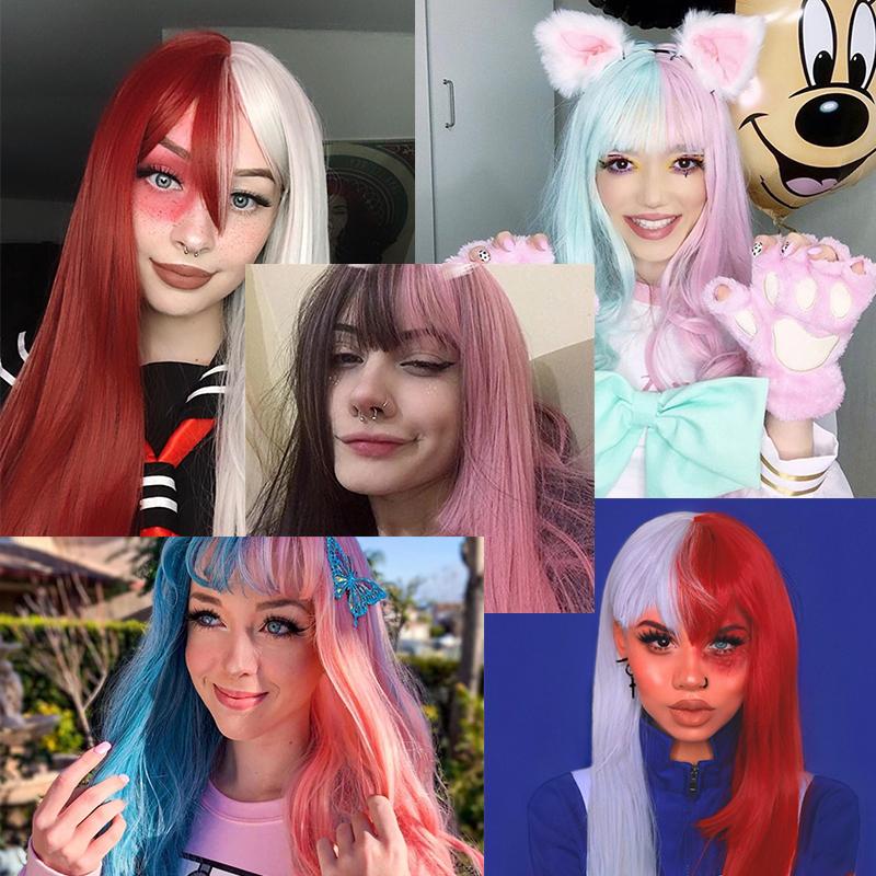 MISS WIG Длинный прямой парик Косплей Черный Серый Парик для женщин с челкой Парик из синтетического высокотемпературного волокна