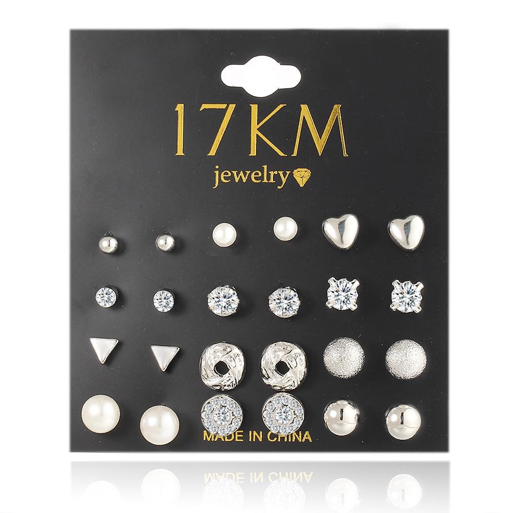 17KM Модные 12 пар/компл. модные стильные женские серьги-гвоздики с квадратным кристаллом в форме сердца для женщин, серьги-гвоздики с имитацией жемчуга и цветка