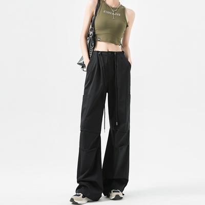 Ретро Рабочие брюки для женщин Летние Тонкие с высокой талией Прямые Повседневные Свободные Прилегающие Серые Маленькие Спортивные брюки