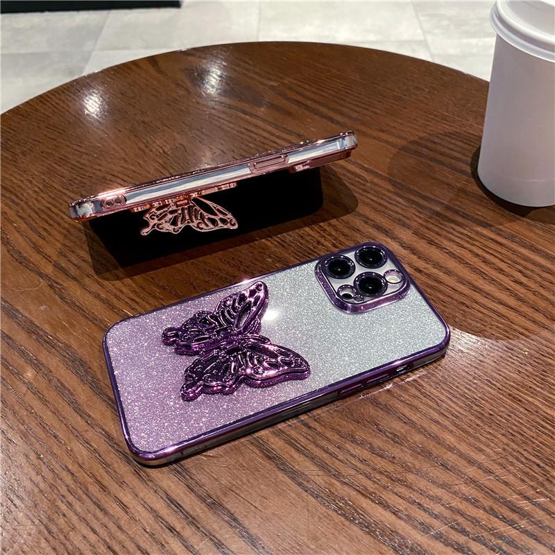 Sparkly Phone Case for iPhone 17 16 15 Pro Max with Butterfly Stand Gradient  Full Cover Glitter Case