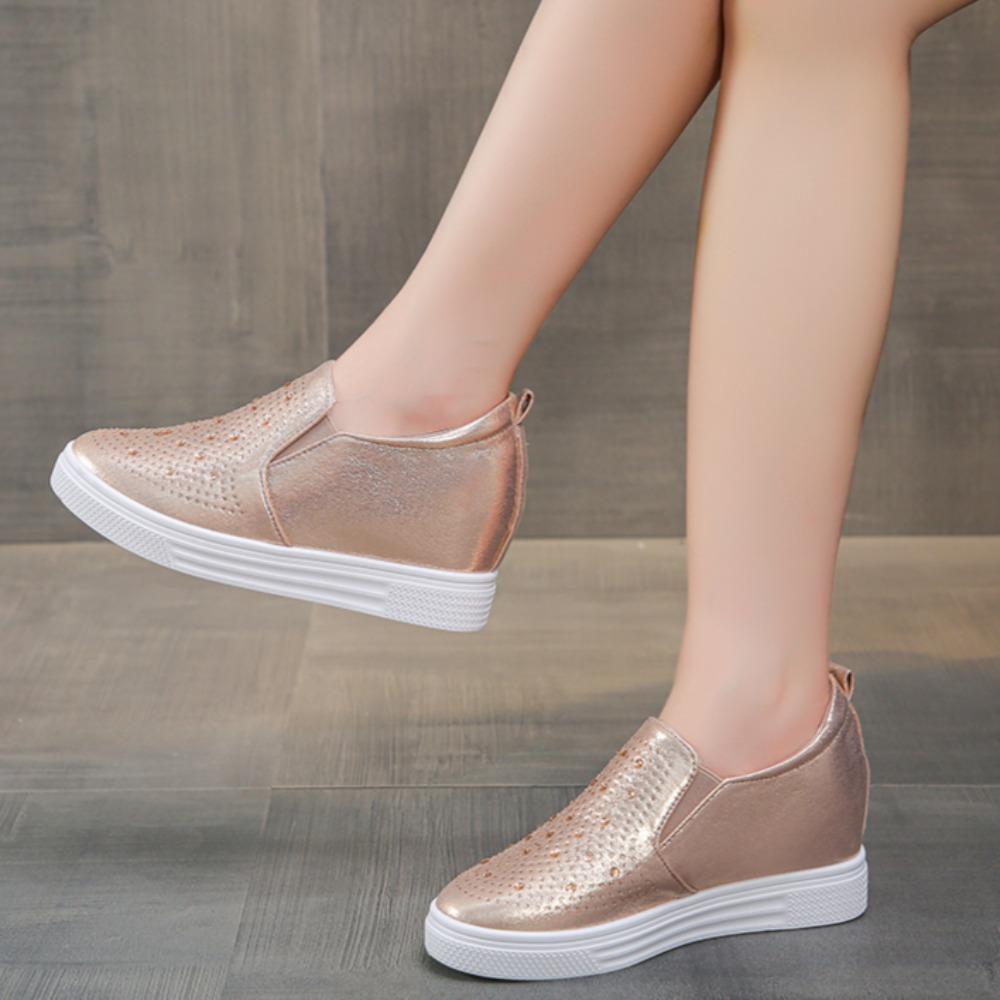 Модные женские кроссовки на платформе со стразами, танкетке, весна-осень 2024, скрытый каблук, дышащая модная обувь, повседневная, простая