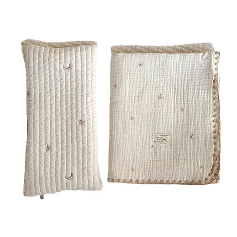 Подушка плоская из чистого хлопка для новорожденных, стеганая, с вышивкой мультяшных белки и медведя, дышащая и мягкая