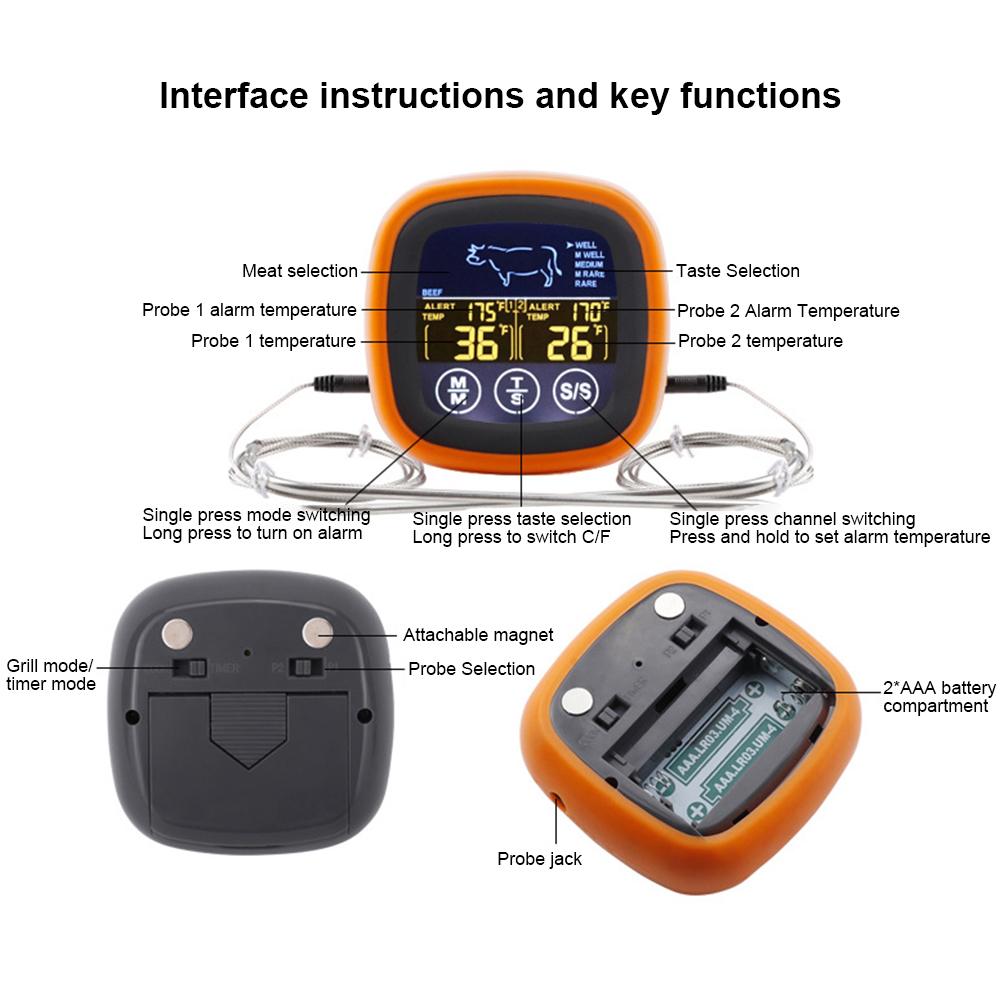 Цифровой кухонный термометр для мяса с сенсорным экраном, водонепроницаемый, с 2 щупами, для гриля, барбекю, готовки